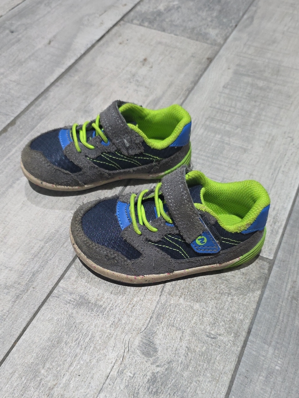 Merrell Bare Steps Gray and Blue/Lime Athletic Sneakers with Lime Green Accents
